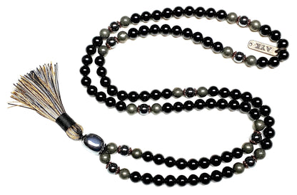 Detail shot of Tourmaline Terahertz Pyrite Hematite beads for EMF protection and energy healing