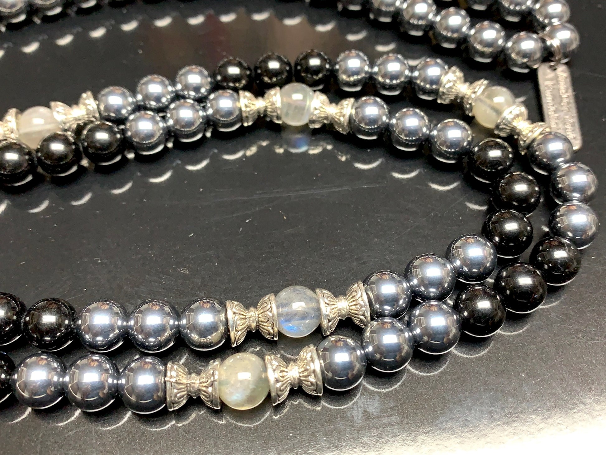 Hand-knotted 108 bead Tourmaline Terahertz Labradorite mala for EMF protection and spiritual growth
