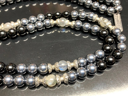 Hand-knotted 108 bead Tourmaline Terahertz Labradorite mala for EMF protection and spiritual growth