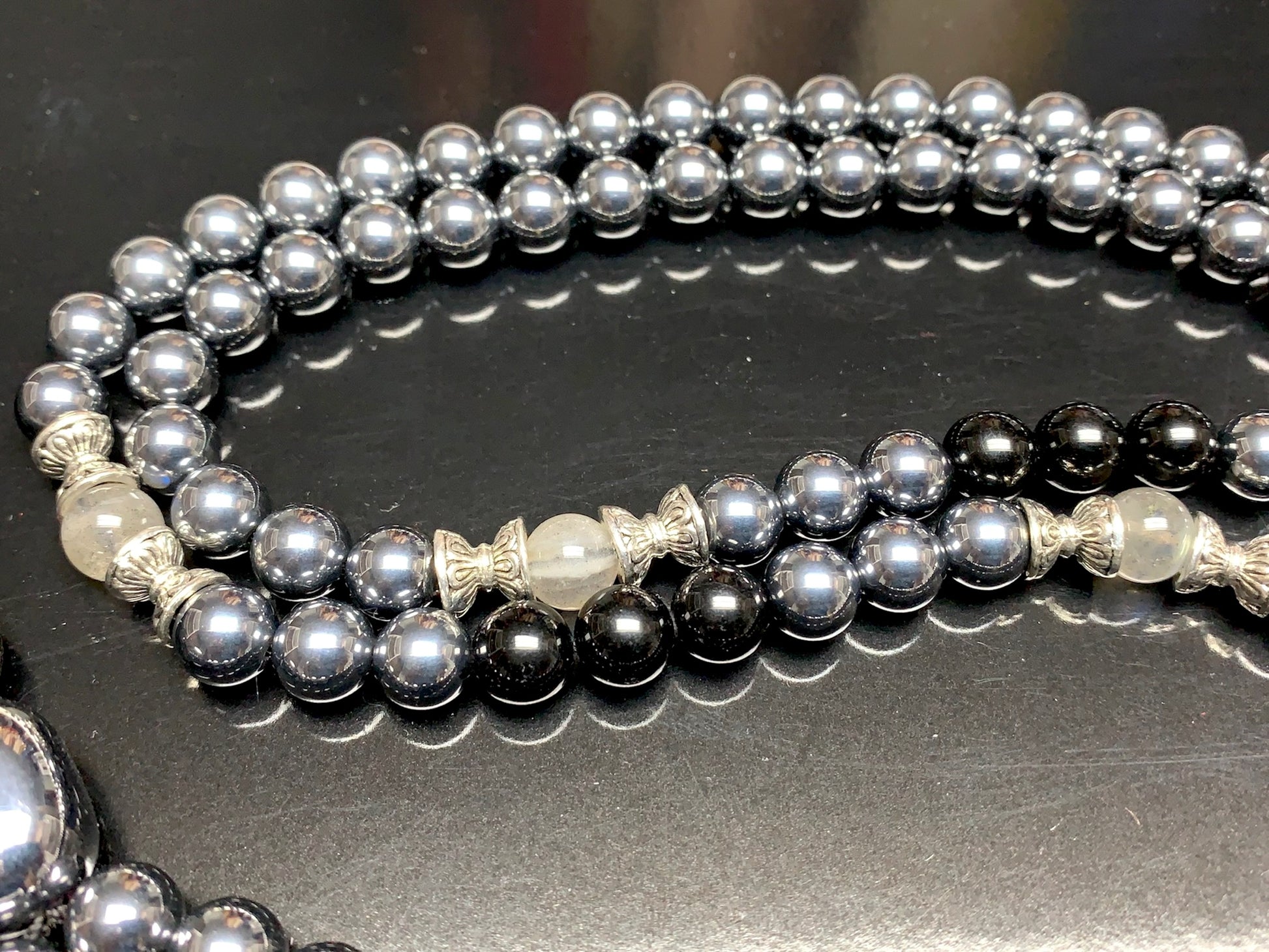 VESTA Collection Tourmaline Terahertz Labradorite mala worn as protective spiritual jewelry