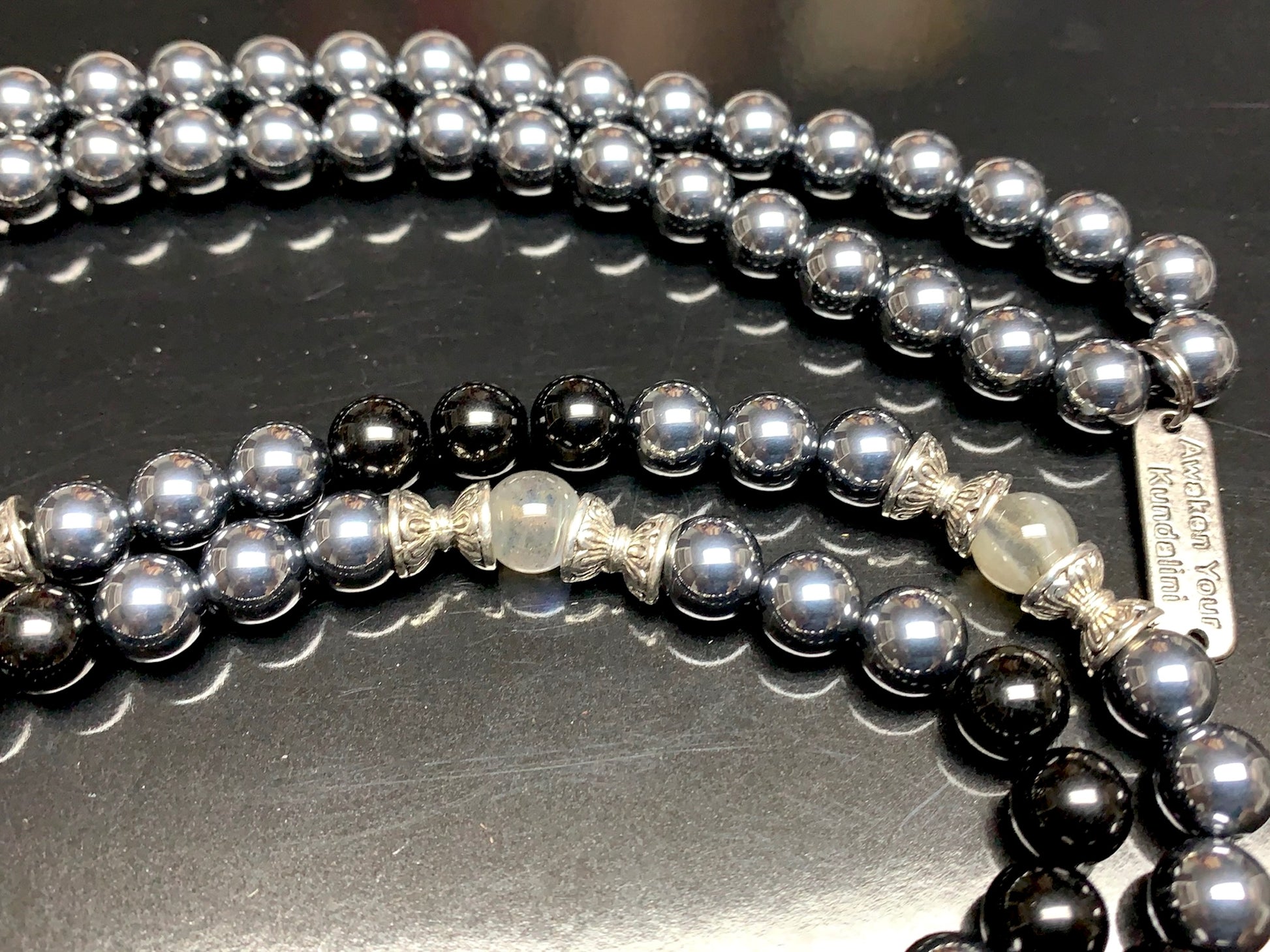VESTA Collection Tourmaline Terahertz Labradorite mala worn as protective spiritual jewelry