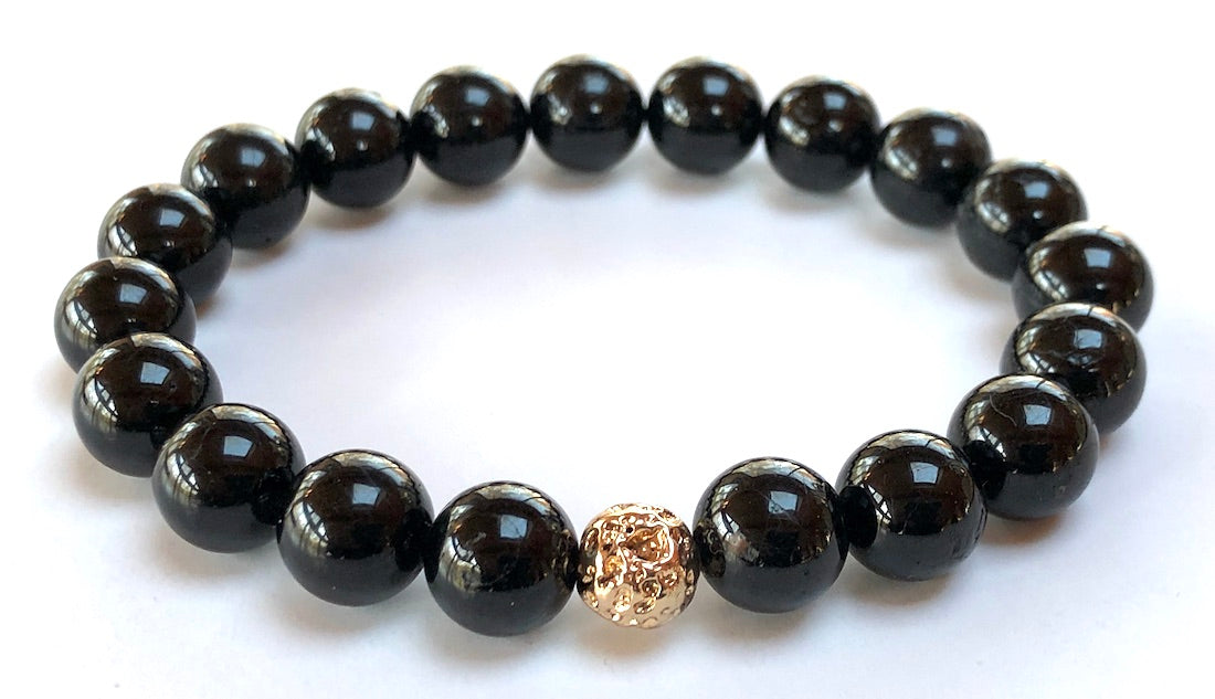 Black Tourmaline Lava Stone Stretch Bracelet 8mm Beads Hand-Knotted Handmade USA VESTA Collection Root Chakra Protection Grounding Fire Element Spiritual Warrior EMF Shield Meditation Natural Stone AYK