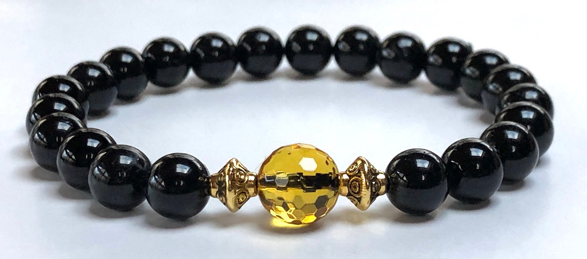 Black Tourmaline Citrine Stretch Bracelet 8mm Beads Hand-Knotted Handmade USA VESTA Collection Root Chakra Solar Plexus Chakra Protection Abundance Manifestation EMF Shield Grounding Prosperity Natural Stone AYK