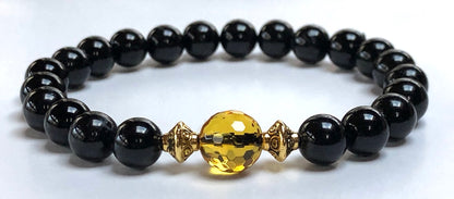 Black Tourmaline Citrine Stretch Bracelet 8mm Beads Hand-Knotted Handmade USA VESTA Collection Root Chakra Solar Plexus Chakra Protection Abundance Manifestation EMF Shield Grounding Prosperity Natural Stone AYK