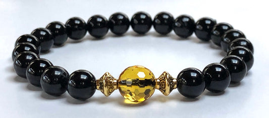 Black Tourmaline Citrine Stretch Bracelet 8mm Beads Hand-Knotted Handmade USA VESTA Collection Root Chakra Solar Plexus Chakra Protection Abundance Manifestation EMF Shield Grounding Prosperity Natural Stone AYK