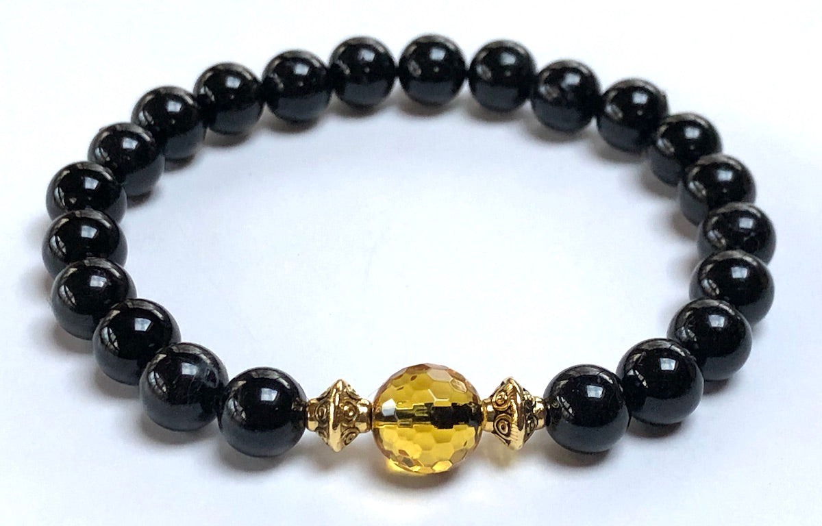 Black Tourmaline Citrine Stretch Bracelet 8mm Natural Stone Beads EMF Protection Abundance Manifestation Root Chakra Solar Plexus Healing Meditation VESTA Collection Handmade USA AYK