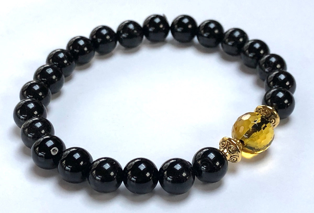 Black Tourmaline Citrine Stretch Bracelet 8mm Premium Natural Stone Beads Hand-Knotted VESTA Collection Root Chakra Solar Plexus Chakra EMF Protection Abundance Manifestation Prosperity Grounding Healing Meditation Spiritual Protection Handmade USA AYK Awaken Your Kundalini