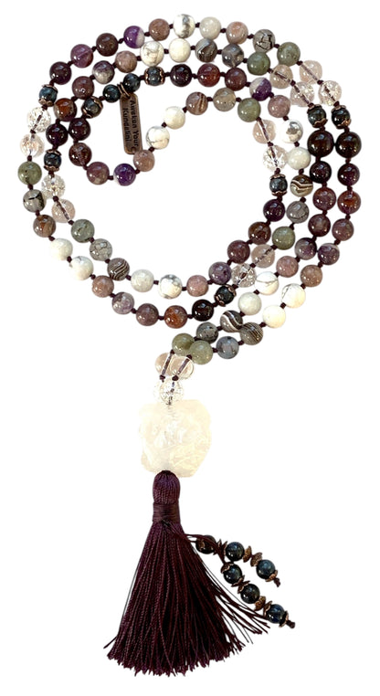 Sacred Crown Chakra Mala Necklace 108 beads SAHASRARA Collection by AYK with amethyst and crystal gemstones