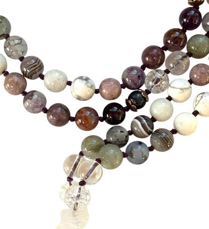 Complete view of 108 bead Sacred Crown Chakra Mala with 14 gemstones for crown chakra activation and divine light