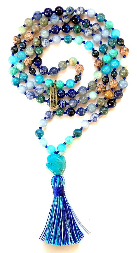 Sacred Voice Mala Necklace Ultimate Throat Chakra VISHUDDHA Collection by AYK with aquamarine and blue gemstones