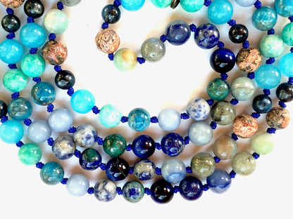 Complete view of 108 bead Sacred Voice Mala with 14 gemstones for communication and voice clarity
