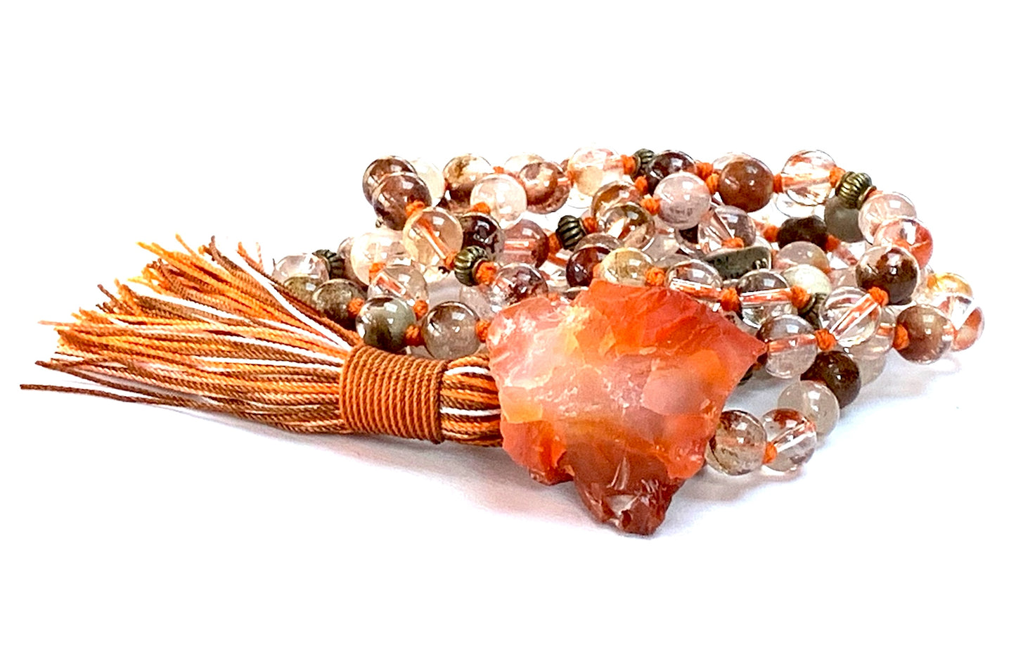 Close-up view of Vision Vitality Mala beads showing lodolite shamanic dream stone and carnelian