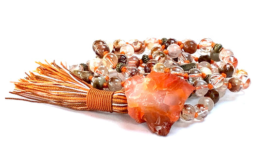Close-up view of Vision Vitality Mala beads showing lodolite shamanic dream stone and carnelian
