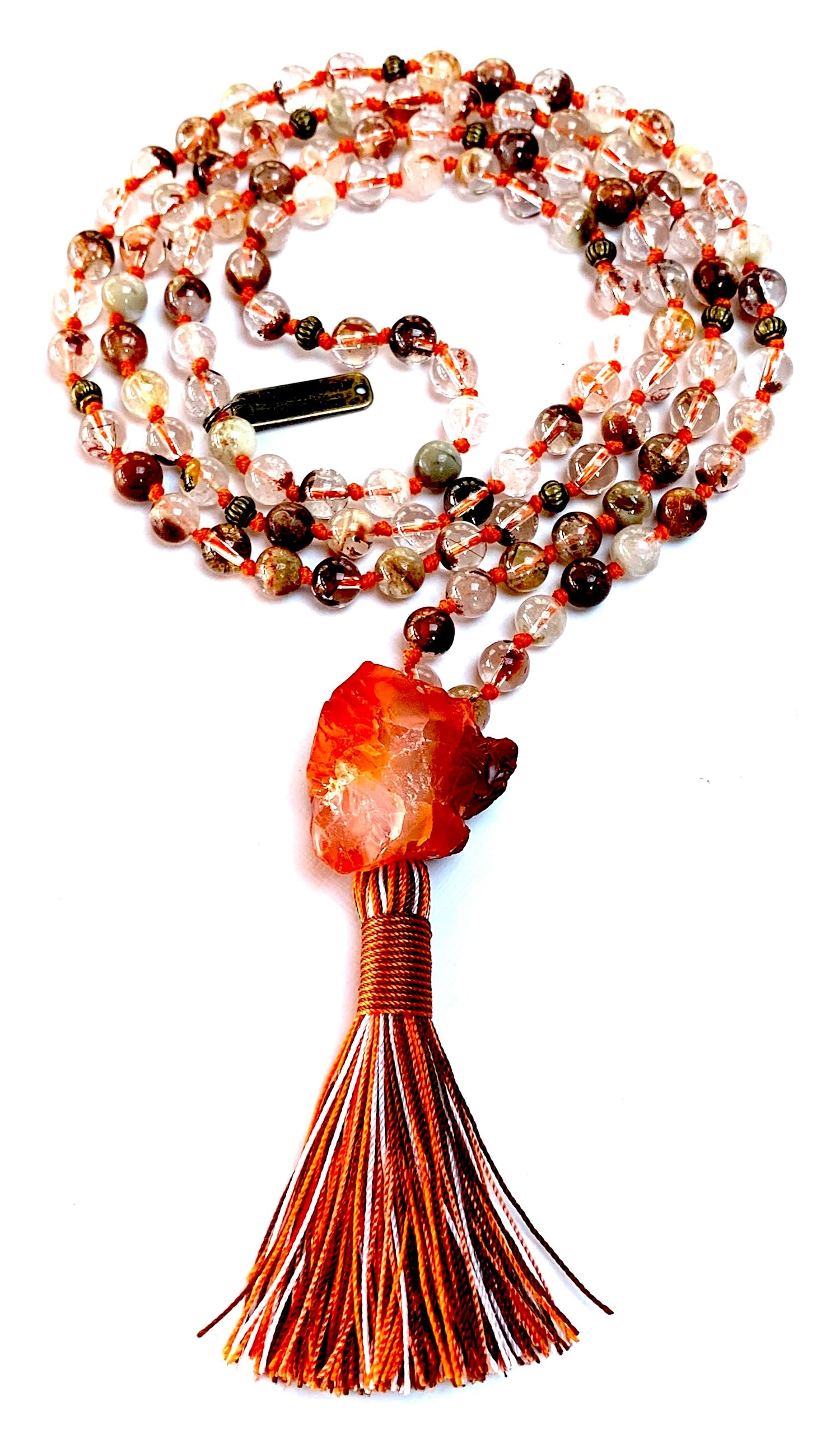 Vision Vitality Mala Beads Necklace by AYK with lodolite and carnelian gemstones for clarity and passion