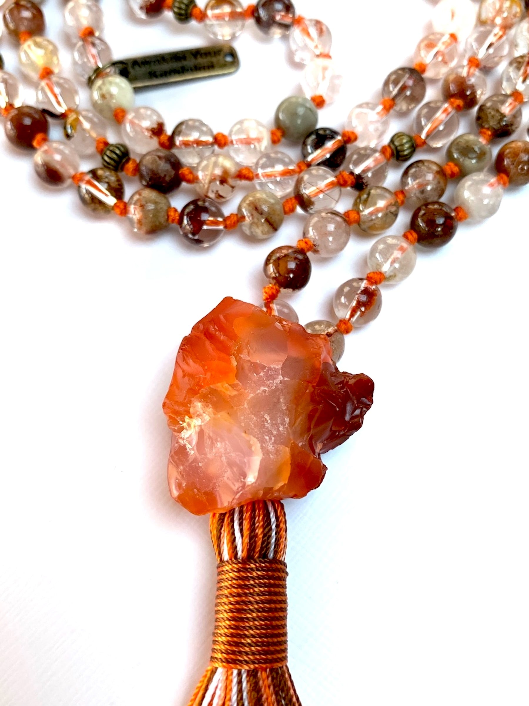 Complete view of 108 bead Vision Vitality Mala with lodolite and carnelian for spiritual guidance