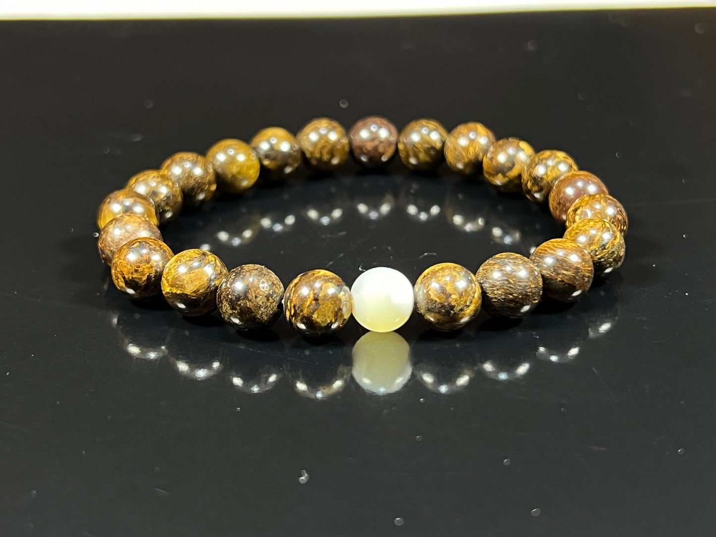 Balance & Harmony: Bronzite & Mother of Pearl Stretch Bracelet (8mm Beads) - Taurus & Gemini Birthstones