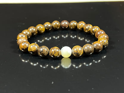 Balance & Harmony: Bronzite & Mother of Pearl Stretch Bracelet (8mm Beads) - Taurus & Gemini Birthstones
