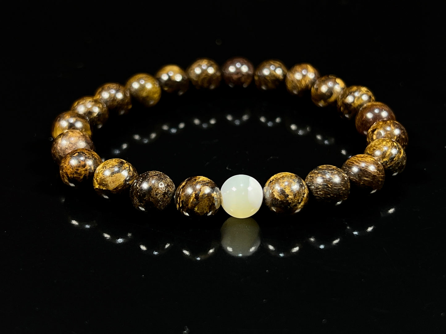 Balance & Harmony: Bronzite & Mother of Pearl Stretch Bracelet (8mm Beads) - Taurus & Gemini Birthstones