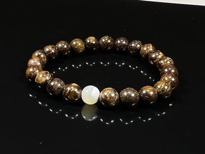 Balance & Harmony: Bronzite & Mother of Pearl Stretch Bracelet (8mm Beads) - Taurus & Gemini Birthstones