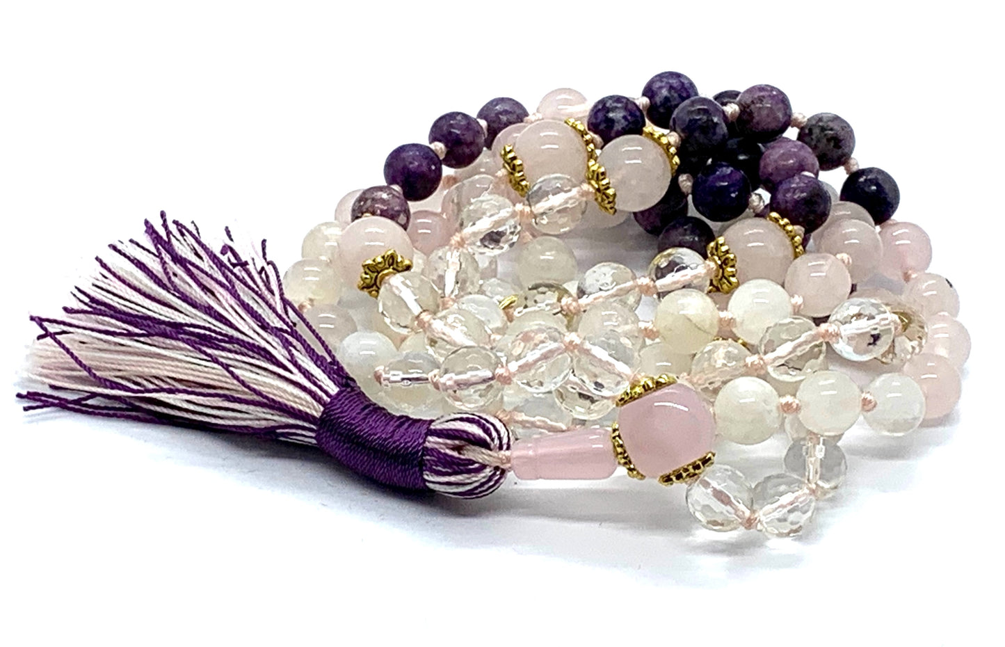 Lunar Love Mala Necklace by AYK with charoite, rose quartz, moonstone and crystal quartz beads