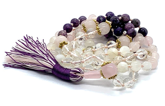  Lunar Love Mala Necklace by AYK with charoite, rose quartz, moonstone and crystal quartz beads