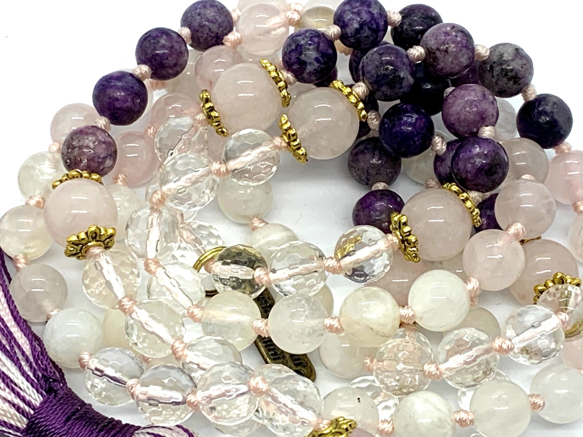 Hand-knotted 108 bead Lunar Love Mala for heart chakra healing and divine feminine energy