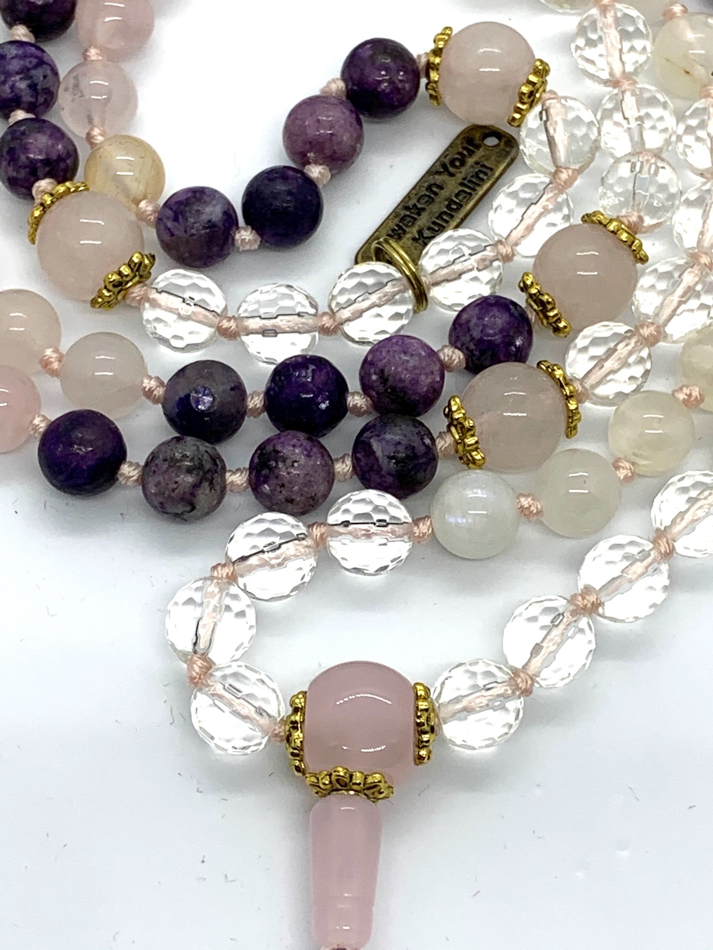 Charoite and crystal quartz beads in Lunar Love Mala for transformation and clarity