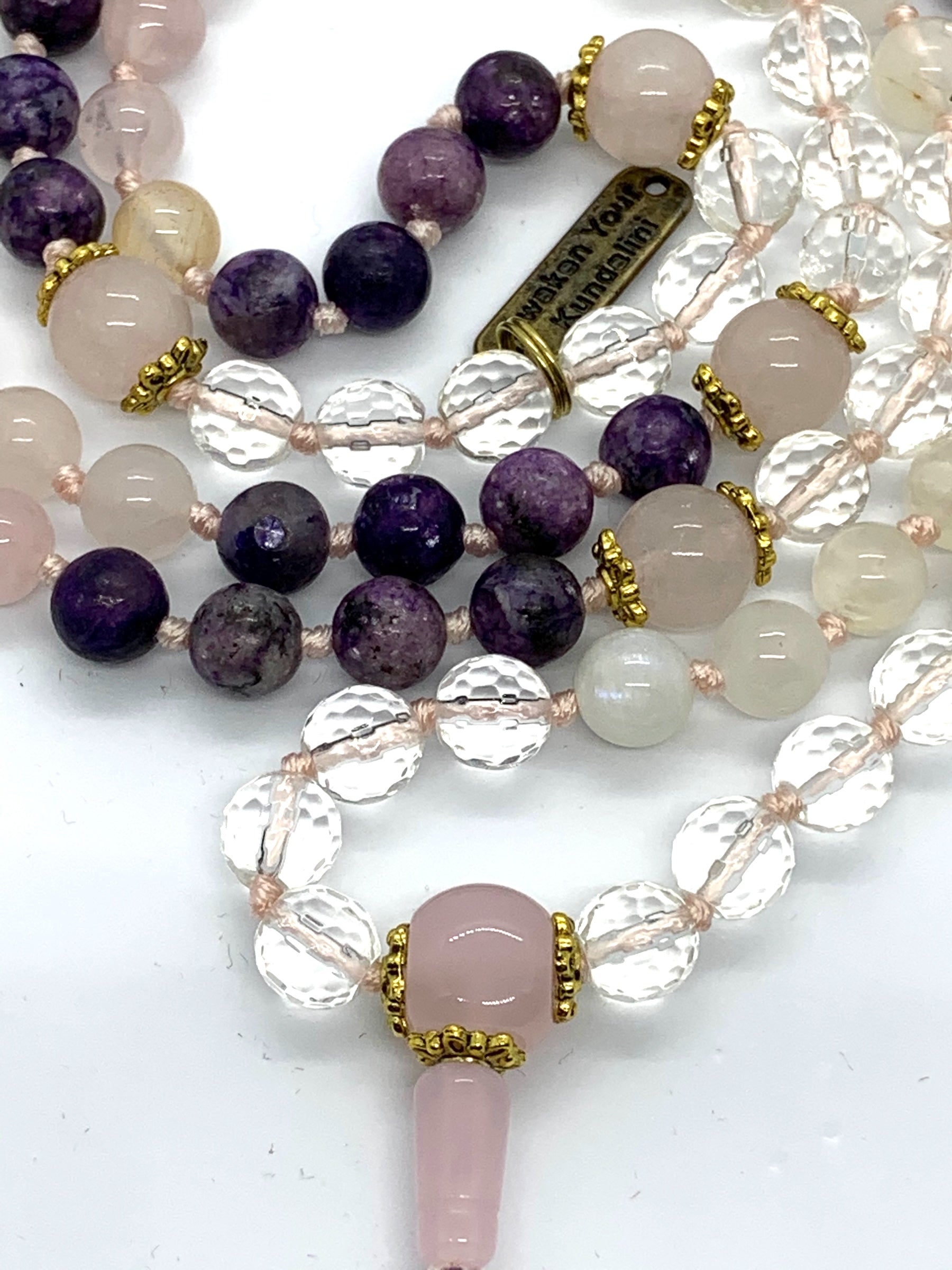 Charoite and crystal quartz beads in Lunar Love Mala for transformation and clarity