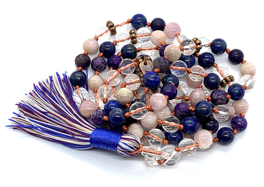 Celestial Vision Mala Necklace by AYK with charoite, lapis lazuli, peach moonstone and crystal quartz beads
