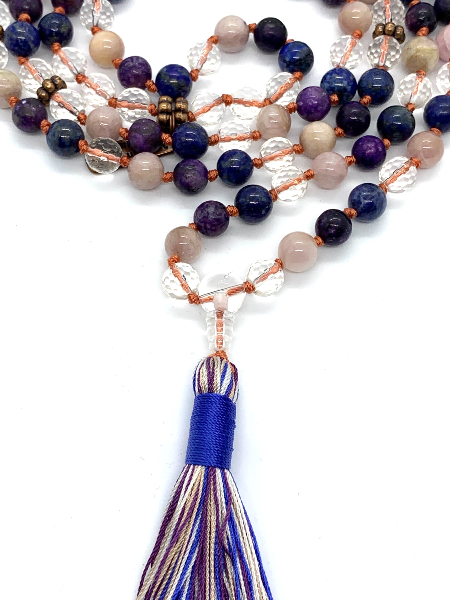 Peach moonstone and crystal quartz beads in Celestial Vision Mala for emotional healing and clarity