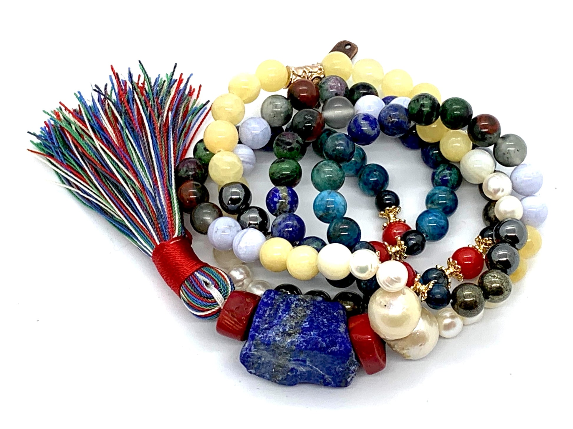 Cosmic Harmony Mala with ruby zoisite, bloodstone and hematite for heart chakra and grounding