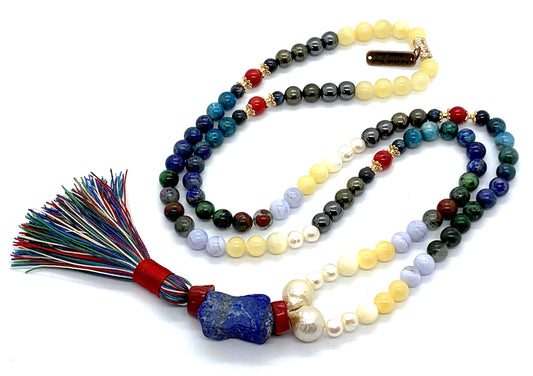 Cosmic Harmony Mala Necklace by AYK with azurite, lapis lazuli, kyanite, pyrite and pearl gemstones