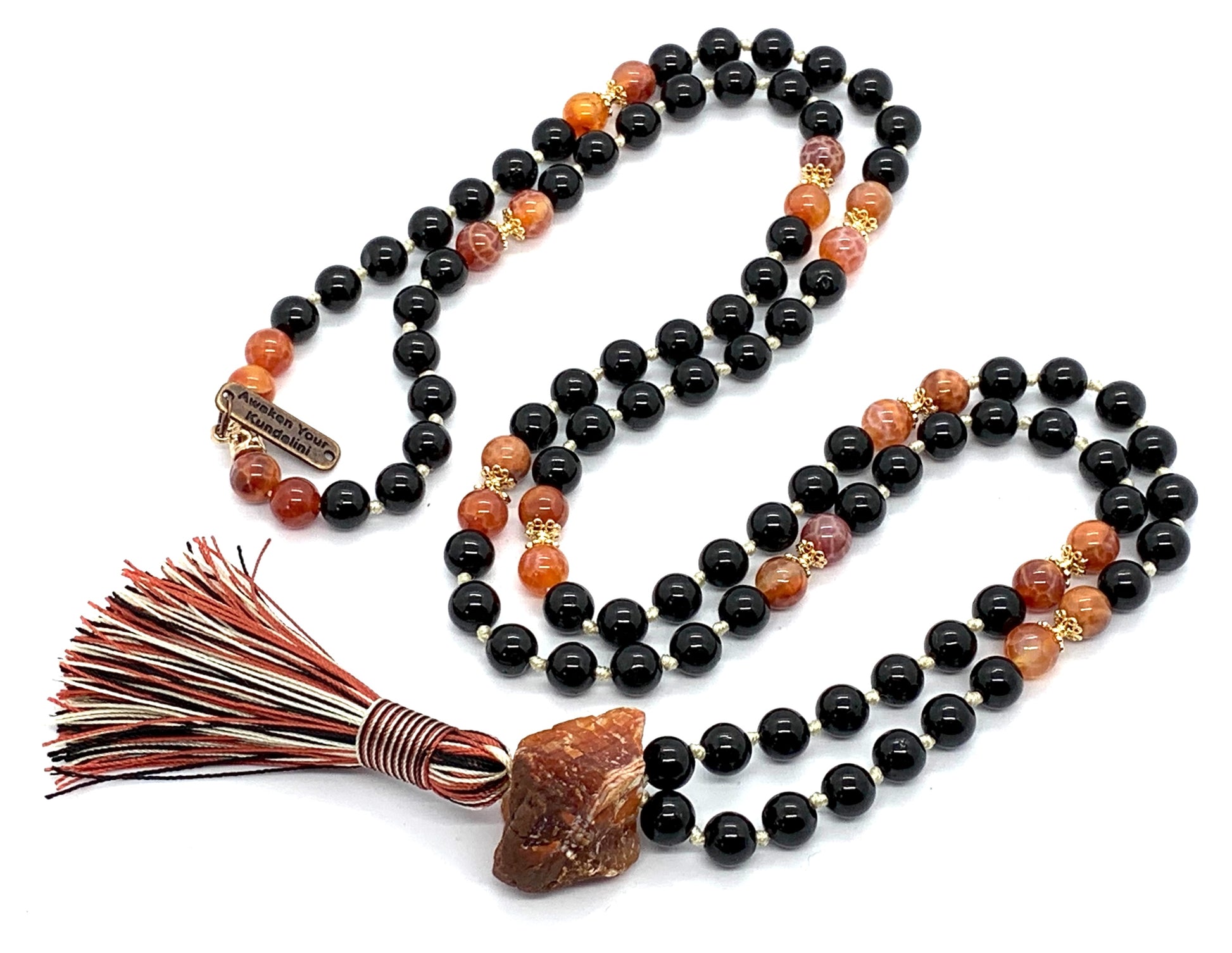 Inferno Guardian Mala Necklace VESTA Collection by AYK with black tourmaline, fire agate and carnelian beads