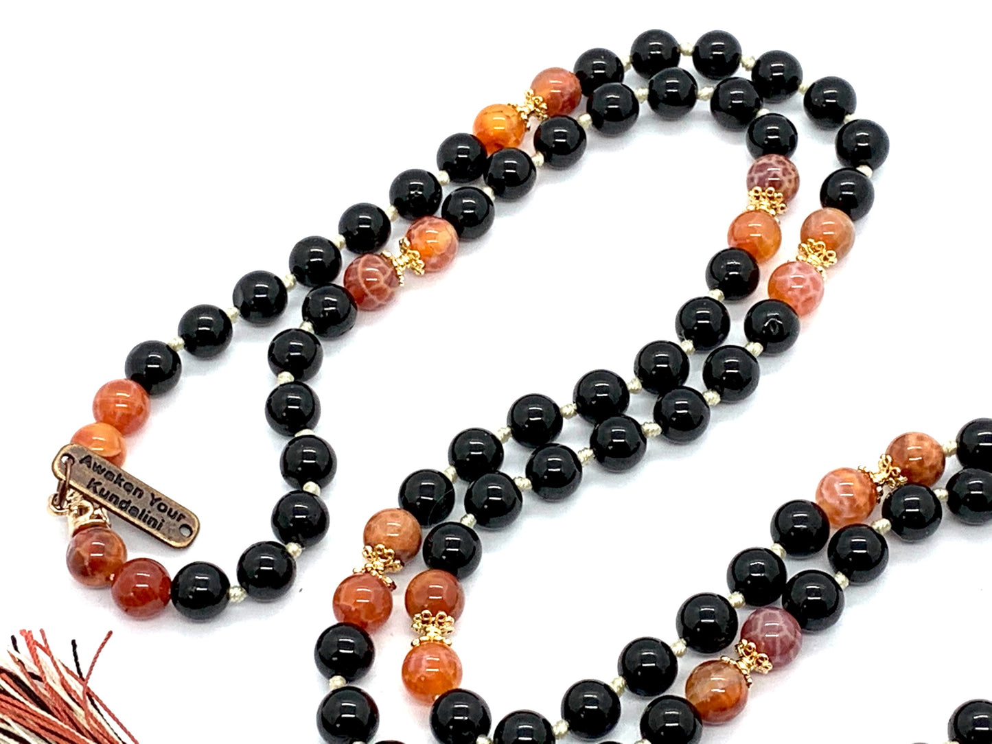 Complete view of 108 bead Inferno Guardian Mala with tourmaline, fire agate and carnelian for spiritual protection