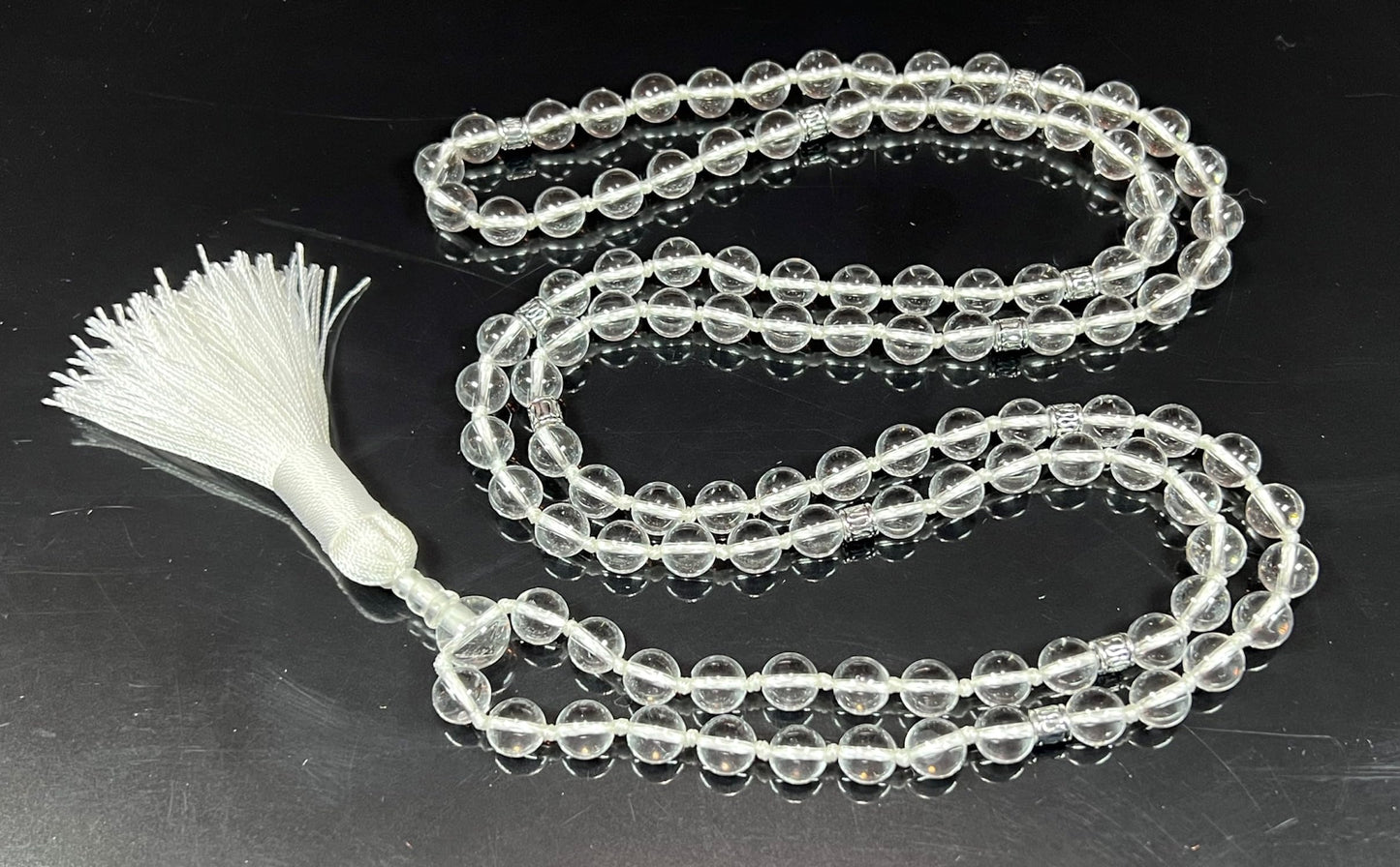 Illuminate Your Path: Hand-Knotted 8mm Clear Crystal Quartz Mala Beads Necklace - Leo Birthstone Sun Sign - Crown Chakra