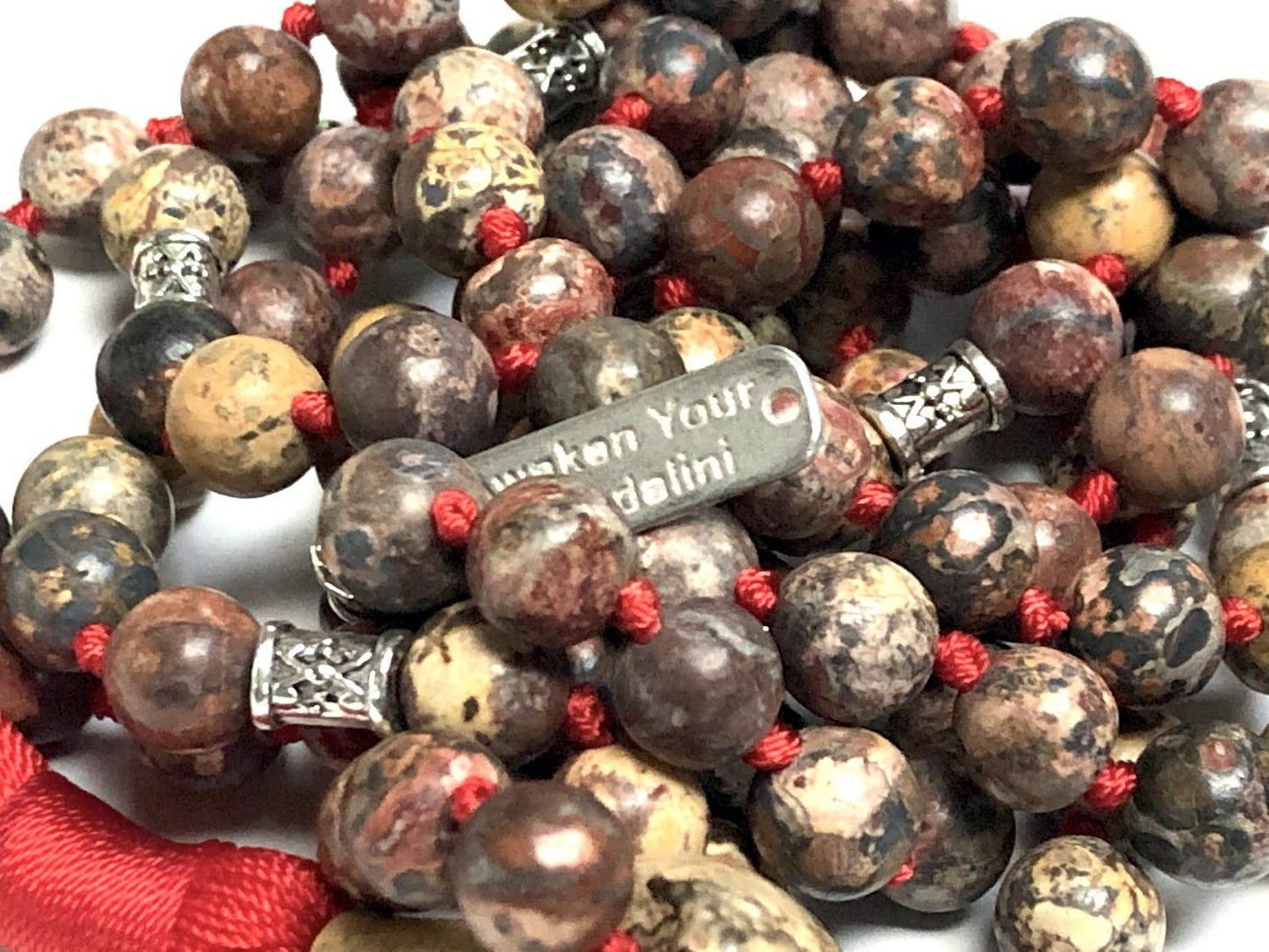 Find Strength & Stability: Hand-Knotted Leopard Skin Jasper Mala Necklace (8mm) - Virgo Birthstone & Root Chakra Balance