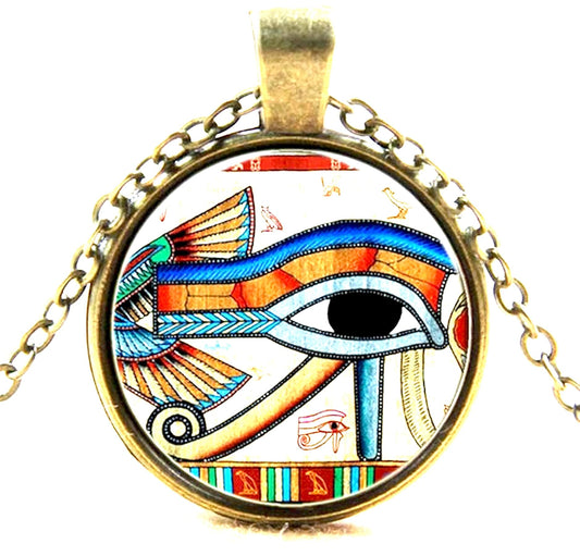 Egyptian Eye of Horus Pattern Flat Round Glass Pendant Necklaces, with Alloy Chains, Antique Bronze, 18" Inches