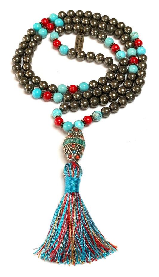 Stunning Pyrite Turquoise Red Coral Mala Beads Necklace – Scorpio & Aries Birthstone for April & October – Root and Throat Chakra - 108 Beads