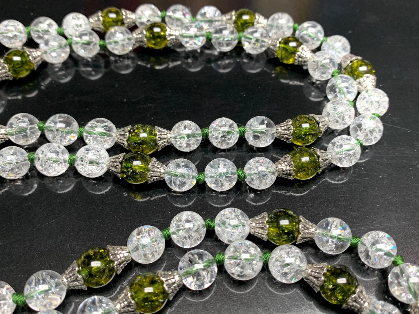 Himalayan Nirvana Mala Beaded Necklace – 8mm Ice Quartz & Peridot Beads | 8mm 108 Beads | Crown & Heart Chakras | August Birthstone Energy | Ethically Sourced