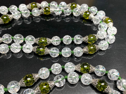 Himalayan Nirvana Mala Beaded Necklace – 8mm Ice Quartz & Peridot Beads | 8mm 108 Beads | Crown & Heart Chakras | August Birthstone Energy | Ethically Sourced