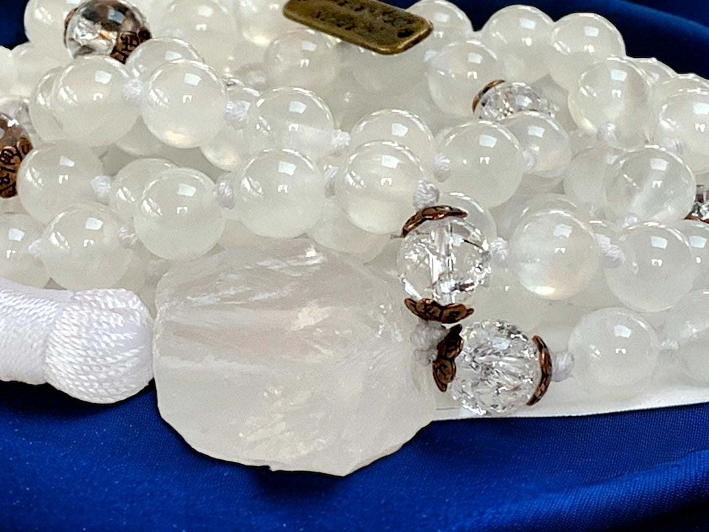 AAA Grade 8mm Genuine Natural Selenite & Nirvana Crystal Quartz, Gemstone Mala Bead Necklace, Soul Chakra, Crown Chakra, Jaap Japa, 108 Mala, Energized Mala Beads Necklace, Chakra Mala
