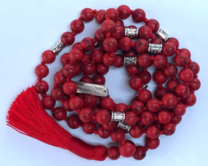 Certified Energized Mala Beads Necklace with COA - Chakra Mala - Japa Mala - 8mm 108 Buddhist Prayer Beads - Meditation Mala - Tassel Necklace – Zodiac/Sun Sign stones (Red Howlite)