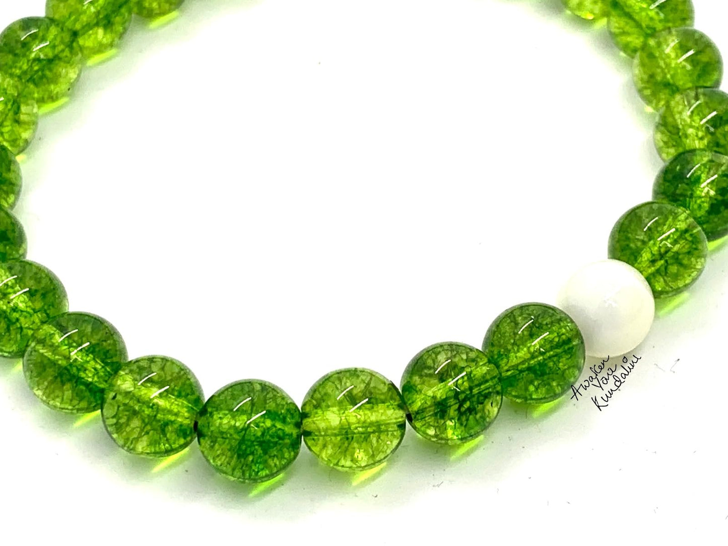 Handcrafted Peridot and Mother of Pearl Stretch Bracelet - August Birthstone for Leo and Virgo - Heart Chakra Alignment