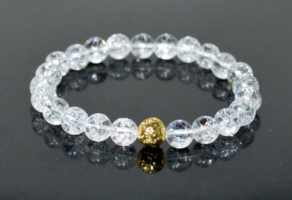 Himalayan Ice Crystal Quartz and Lava Beads Stretch Bracelet – Multi Tone Finish – Aries Birthstone – Universal Sun Sign - Crown Chakra Energy Bracelet