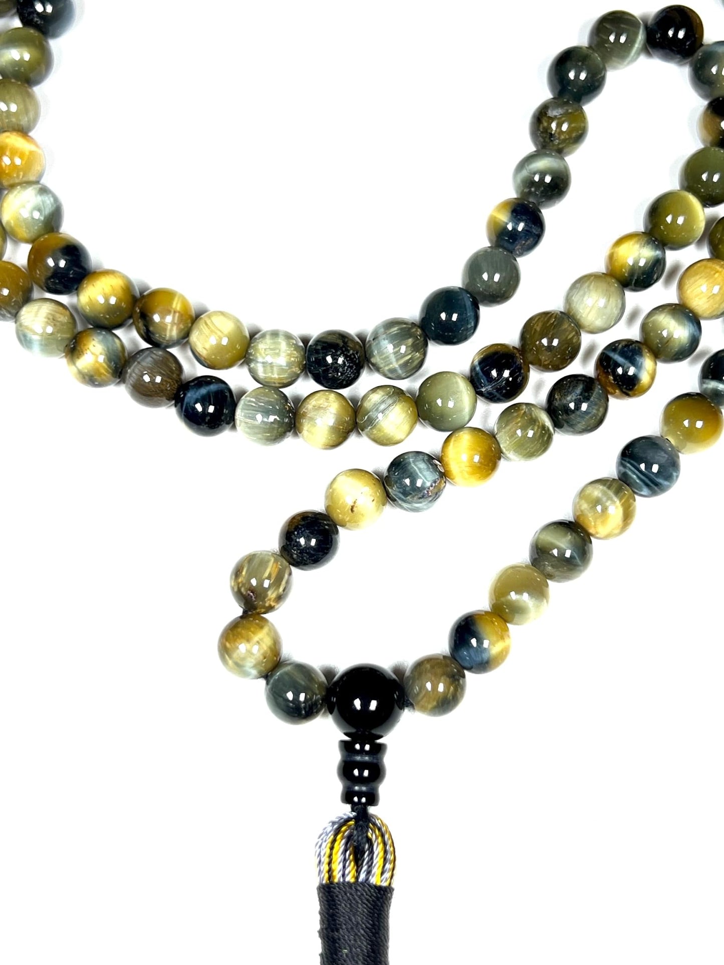 Handmade Tiger's Eye Mala Beads Necklace – 8mm 108 Beads – Multicolor Options – Solar Plexus Chakra & Zodiac Birthstones – Meditation Jewelry