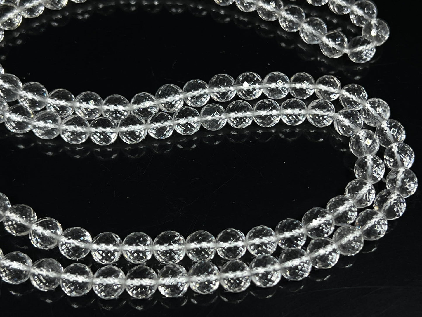 Diamond Cut Crystal Quartz Mala Beads Necklace – 108 Beads – Alloy Guru Bead with "Om Mani Padme Hum" Mantra Inscription – 6mm & 8mm – April Birthstone & Crown Chakra Energy Beads