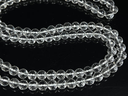 Diamond Cut Crystal Quartz Mala Beads Necklace – 108 Beads – Alloy Guru Bead with "Om Mani Padme Hum" Mantra Inscription – 6mm & 8mm – April Birthstone & Crown Chakra Energy Beads