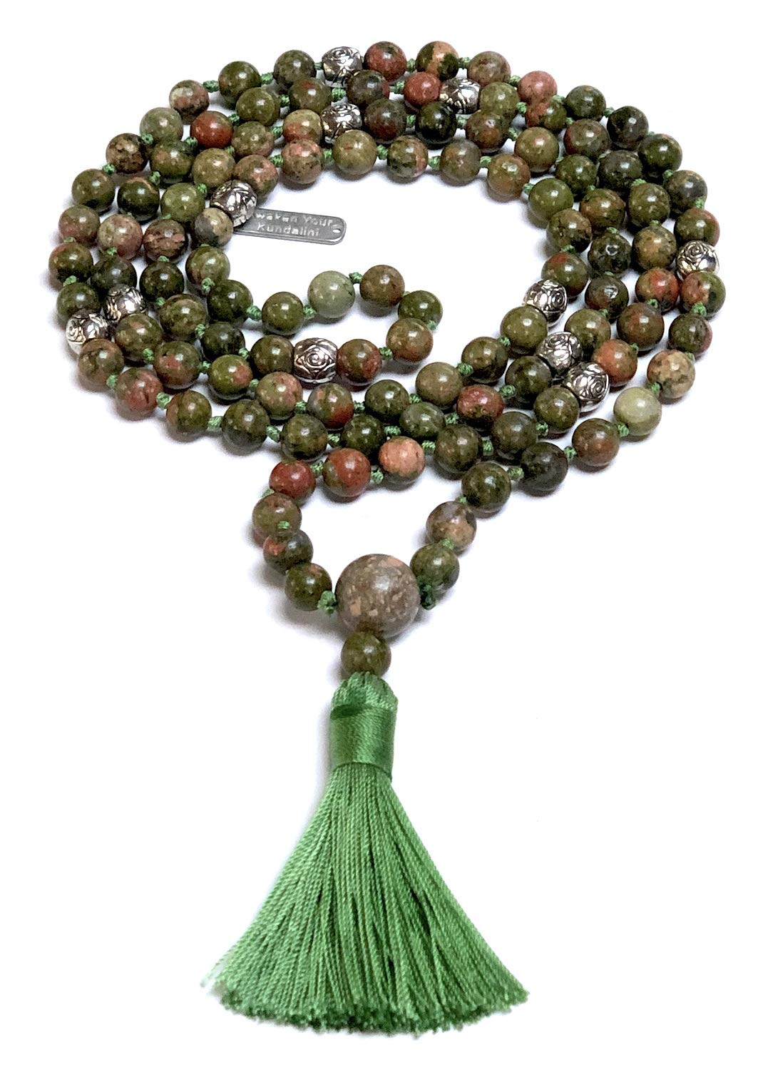 Hand Knotted Unakite Mala Necklace - 8mm, 108 Beads with Zinc Alloy Spacers - Scorpio & Virgo Birthstone - Heart Chakra