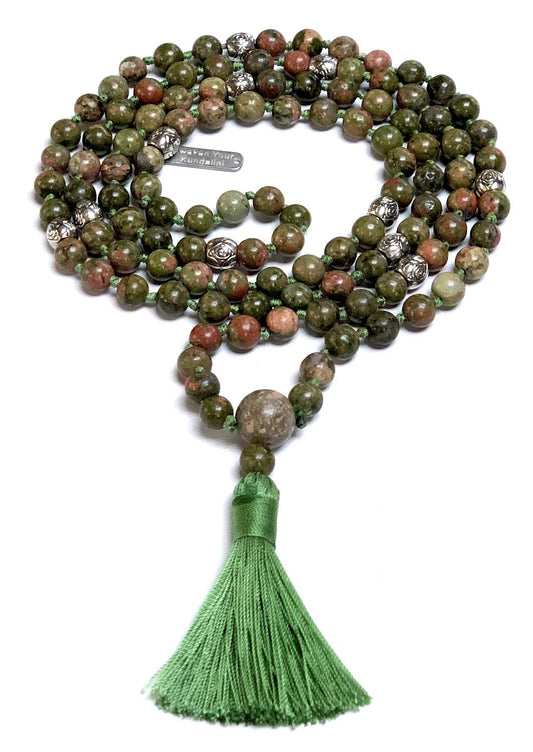 Hand Knotted Unakite Mala Necklace - 8mm, 108 Beads with Zinc Alloy Spacers - Scorpio & Virgo Birthstone - Heart Chakra