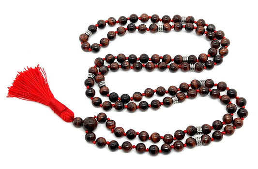 Red Tiger's Eye Mala Necklace, Hand Knotted, Scorpio Birthstone, Sacral Chakra